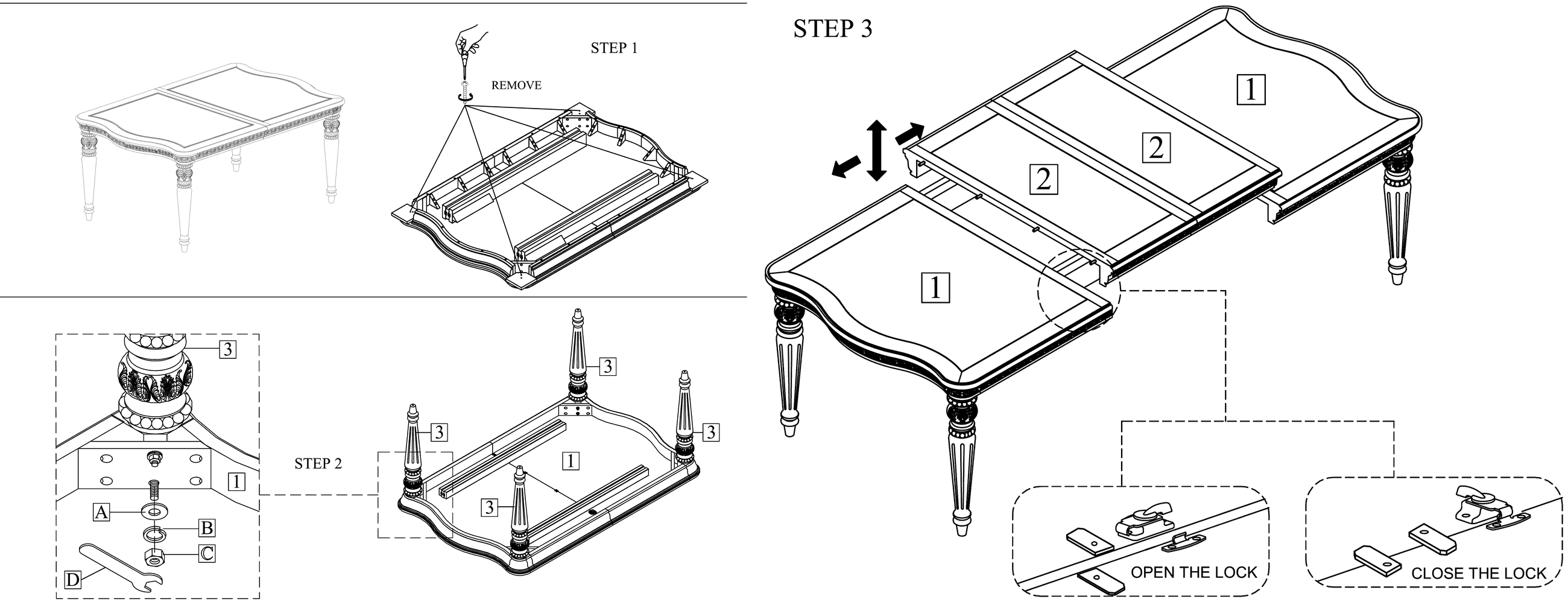 Rectangle dining table 42285862 / HMIS D8586-11 (sheet pages 1–2: legs, then leaves)
